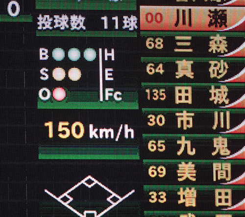 ウエスタン・リーグ　ソフトバンク対阪神　先発の藤浪晋太郎の球速は150キロを表示（撮影・今浪浩三）