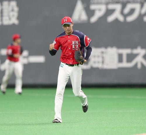 日本ハム対ロッテ　6回表ロッテ2死二塁、鈴木を一ゴロにとりガッツポーズの浦野（撮影・黒川智章）