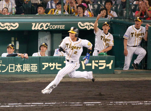 阪神対ヤクルト　9回裏阪神無死、矢野燿大監督（右から2人目）は代打北條史也の右二塁打に喜ぶ（撮影・上山淳一）