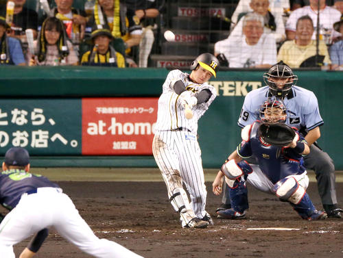 5回裏阪神2死一、二塁、近本光司は右越え3点本塁打を放つ（撮影・上山淳一）
