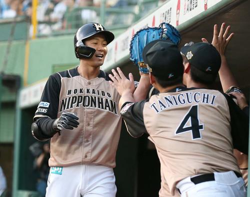 オリックス対日本ハム　2回表日本ハム無死、左越え本塁打を放ちナインに出迎えられる石井（撮影・黒川智章）