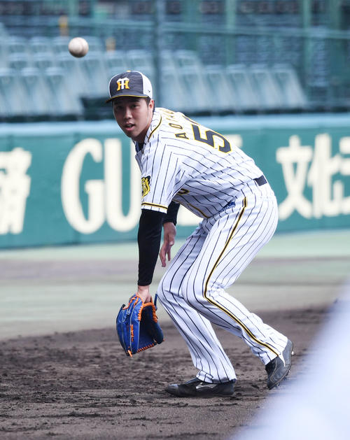 阪神対DeNA　投手守備練習をする青柳晃洋（撮影・奥田泰也）