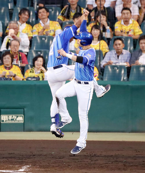 阪神対DeNA　4回表DeNA1死二塁、ロペス（左）は左越え2点本塁打を放ち出迎える二走ソトとジャンプしながらタッチする（撮影・加藤哉）