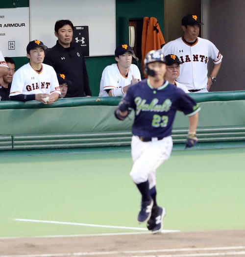 巨人対ヤクルト　2回表ヤクルト2死満塁、青木（手前）に適時打を浴びさえない表情の原監督（右から2人目）らベンチ（撮影・垰建太）