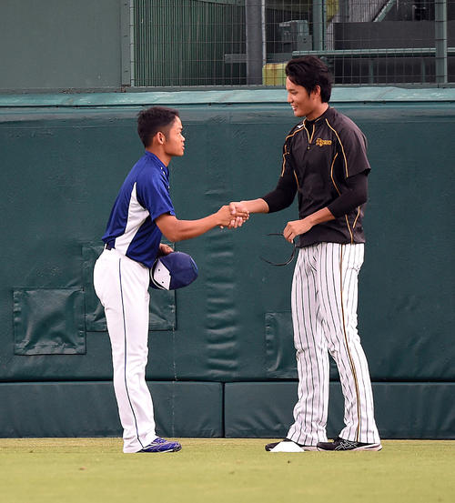 ウエスタン・リーグ阪神対中日　藤浪（右）にあいさつをする根尾（撮影・奥田泰也）