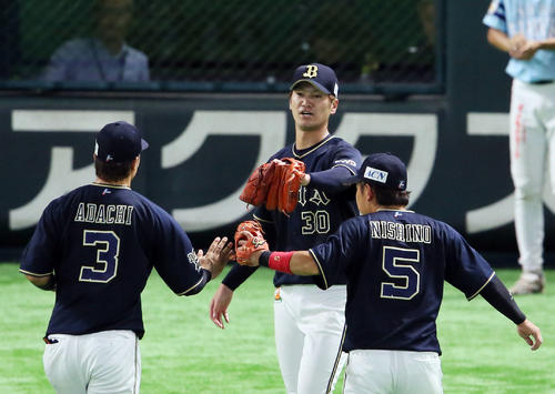 3回裏ソフトバンク1死一塁、K－鈴木（中央）は周東を遊併殺に仕留めナインを迎える（撮影・栗木一考）