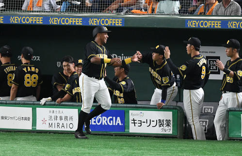 巨人対阪神　5回表阪神2死二塁、北條の適時打で生還したソラーテはチームメートとタッチをかわす（撮影・山崎安昭）