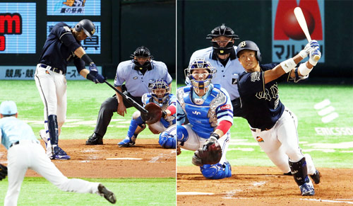 （左から）ソフトバンク対オリックス　３回表オリックス２死二塁、スティーブン・モヤは二塁内野安打を放つ。投手二保。（右は）４回表オリックス無死、松井佑は中越え本塁打を放つ（撮影いずれも栗木一考）