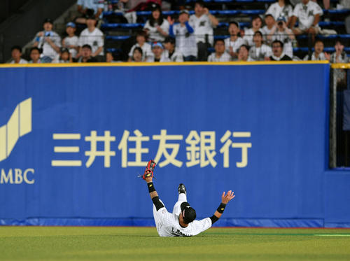 ロッテ対オリックス　8回表オリックス2死、福田周平の打球をスライディングして捕球するロッテのマーティン（撮影・滝沢徹郎）