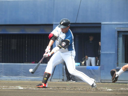 右肩関節骨挫傷から実戦に復帰した日本ハム王柏融（撮影・本間翼）