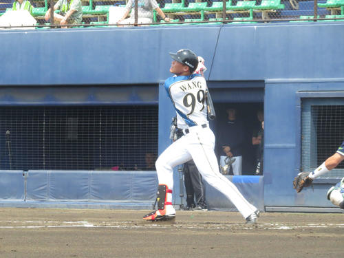 遊飛に倒れる日本ハム王柏融（撮影・本間翼）