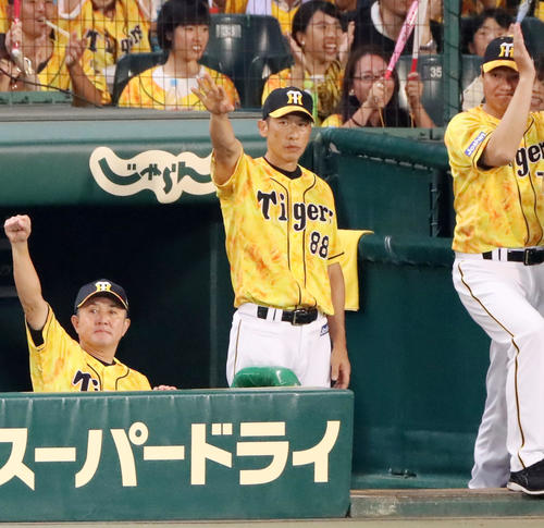 阪神対中日　4回裏阪神1死二塁、矢野監督は糸井の中前適時打にベンチからガッツポーズを決める（撮影・加藤哉）