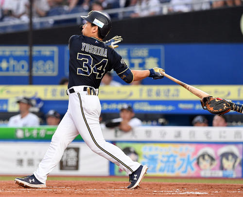 ロッテ対オリックス　1回表オリックス1死一塁、吉田正は右越え2点本塁打を放ち先制する（撮影・滝沢徹郎）