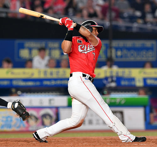 ロッテ対オリックス　5回裏ロッテ2死、マーティンは勝ち越しの右越えソロ本塁打を放つ（撮影・滝沢徹郎）
