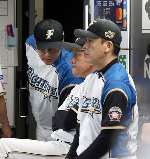 日本ハム対楽天　ベンチで日本ハム木田コーチ（左奥）と会話する栗山監督（撮影・佐藤翔太）