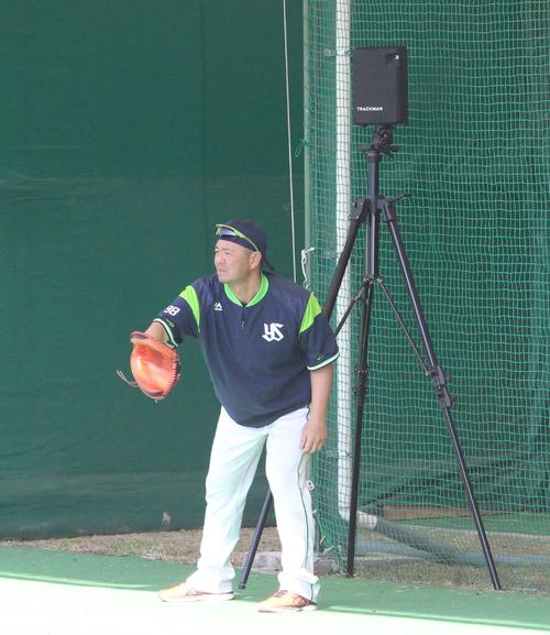 携帯可能なトラックマンをブルペンに設置し、石川の球を受けるヤクルト石井弘投手コーチ（2019年2月3日撮影）