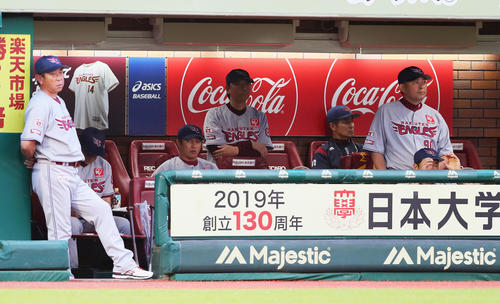 楽天対ロッテ　戦況を見つめる楽天平石監督（中央左）（撮影・足立雅史）