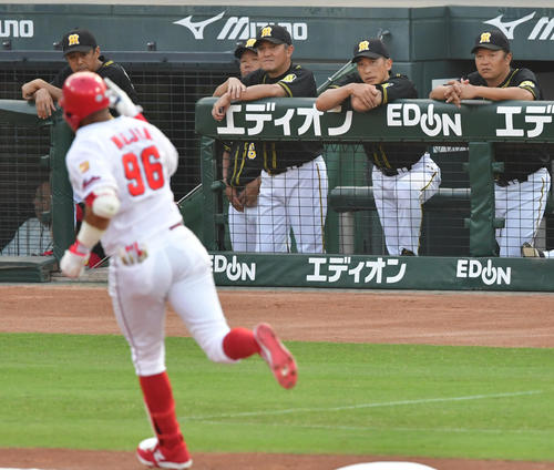広島対阪神　1回裏広島1死一、二塁、アレハンドロ・メヒアに左越え3点本塁打を打たれ初回から5失点と厳しい展開となる矢野耀大監督（撮影・清水貴仁）＝2019年8月4日、マツダスタジアム