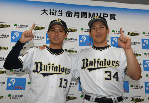 7月度月間MVPを受賞したオリックス山岡（左）と吉田正尚（撮影・渦原淳）