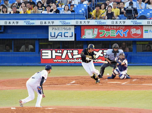 ヤクルト対阪神　2回表阪神1死、福留はセーフティバントを放つ。投手山田大（撮影・滝沢徹郎）