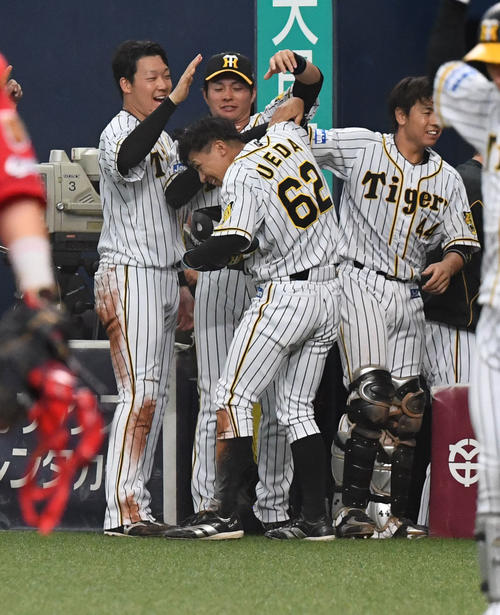 阪神対広島　8回裏阪神1死三塁、陽川の遊ゴロで植田が生還ナインとタッチを交わす撮影・奥田泰也）