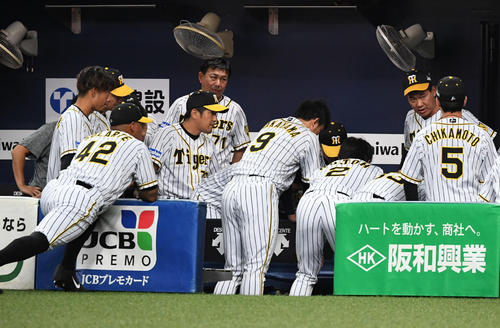 阪神対広島　福留孝介を中心に円陣を組む阪神の選手（撮影・奥田泰也）