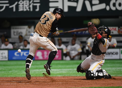 ソフトバンク対日本ハム　9回表日本ハム2死一、二塁、渡辺諒は死球を受ける（撮影・今浪浩三）