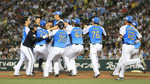 マウンド付近で入り乱れる両軍(撮影・鈴木みどり)