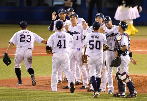 ヤクルト対DeNA　DeNAに勝利しタッチを交わすヤクルトナイン（撮影・横山健太）