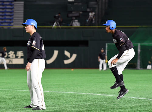日本ハム対ロッテ　試合前に走塁練習する日本ハム万波（右）と清宮（撮影・滝沢徹郎）