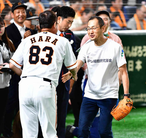 巨人対阪神戦で始球式を行った京大教授の山中氏（右）は巨人原監督と握手する（撮影・小沢裕）