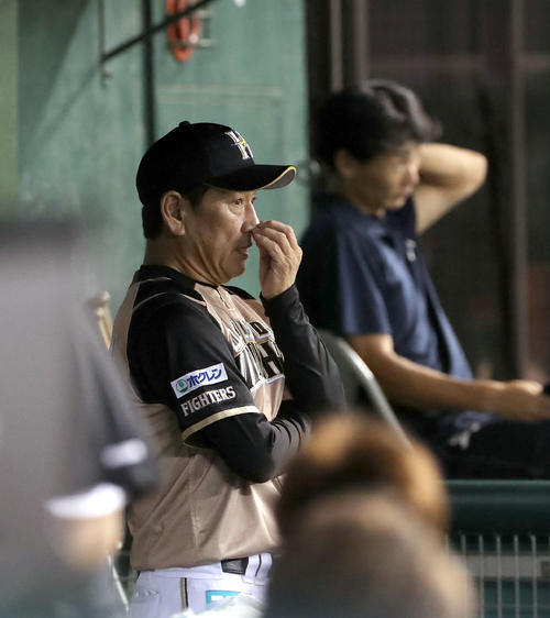 西武対日本ハム　ベンチで真剣な眼差しでグラウンドを見つめる日本ハム栗山監督（撮影・佐藤翔太）