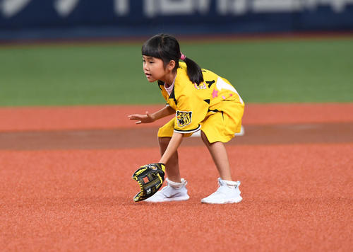 阪神対DeNA　ノック体験を体験するチビっ子（撮影・奥田泰也）