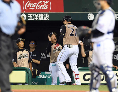 西武対日本ハム　6回表日本ハム1死一塁、右越えに5号2点本塁打を放った清宮を羽化得る栗山監督（撮影・たえ見朱実）