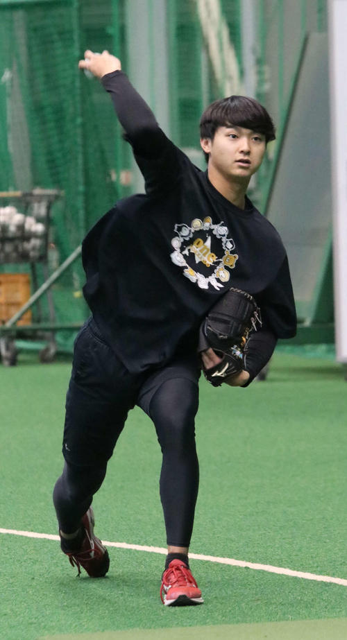 室内練習場でフォームチェックをする日本ハム田中瑛（撮影・山崎純一）