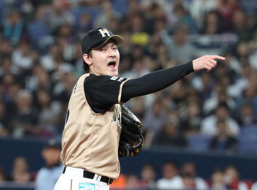 オリックス対日本ハム　4回裏オリックス二死、有原はモヤのスイングアピールをする（撮影・白石智彦）