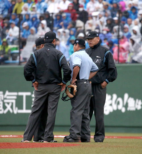 日本ハム対西武　集まって協議する審判団（撮影・佐藤翔太）