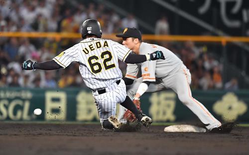阪神対巨人　7回裏阪神1死一塁、二盗に成功する植田海（撮影・上田博志）