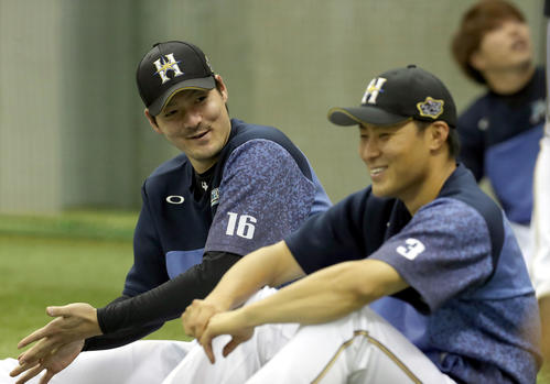 楽天対日本ハム　室内練習場で日本ハム田中賢（右手前）と談笑する有原（撮影・佐藤翔太）