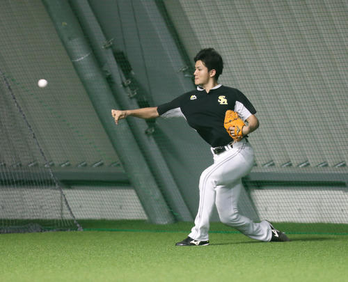 キャッチボールで調整する高橋礼（撮影・梅根麻紀）
