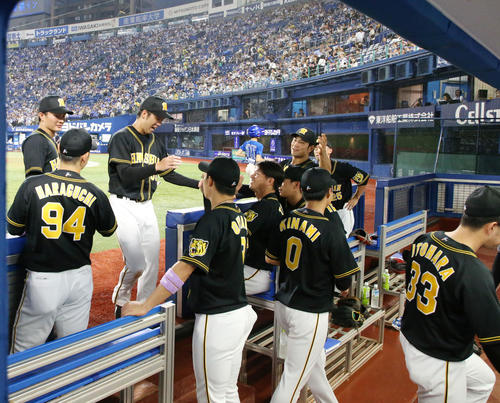 DeNA対阪神　1回裏DeNA1死、雷雨のため試合中断となりベンチへ引き揚げる青柳ら（撮影・加藤哉）