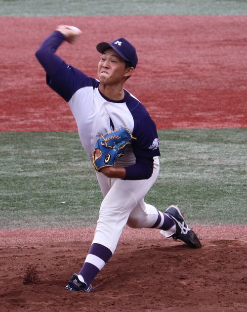 東洋大対明大　練習試合。明大先発の竹田は6回3安打無失点に抑えた（撮影・古川真弥）