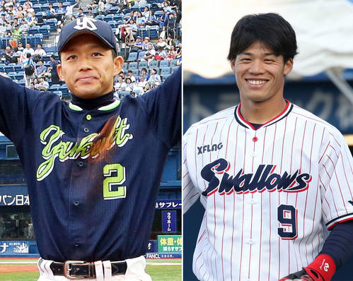 ヤクルト大引啓次（左）、塩見泰隆
