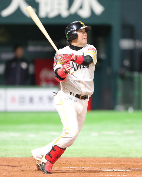 ソフトバンク対楽天　5回裏ソフトバンク1死、高谷は右越えに勝ち越し本塁打を放つ（撮影・梅根麻紀）