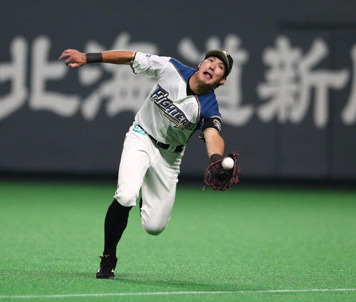 日本ハム対オリックス　3回表オリックス無死、若月の打球を好捕する大田（撮影・黒川智章）