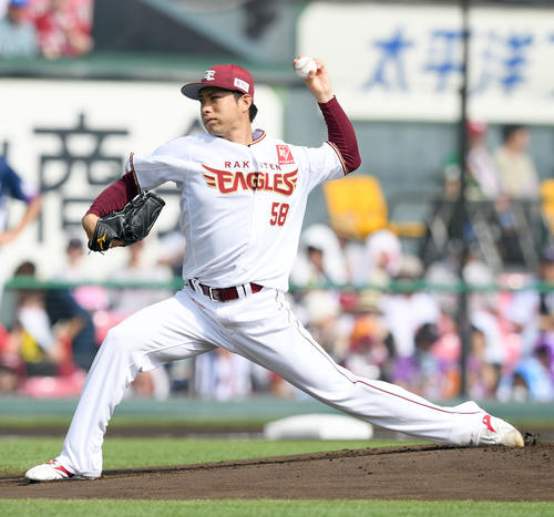 楽天対西武　5回2失点で自己最多の9勝目を挙げた楽天辛島（撮影・たえ見朱実）
