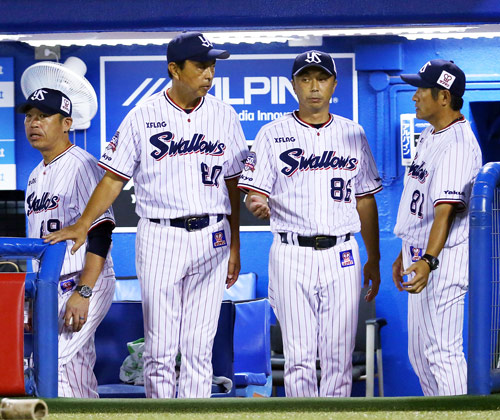 ヤクルト対巨人　８回、ベンチで話すヤクルト小川監督（左から2人目）と宮本コーチ（同3人目）（撮影・垰建太）