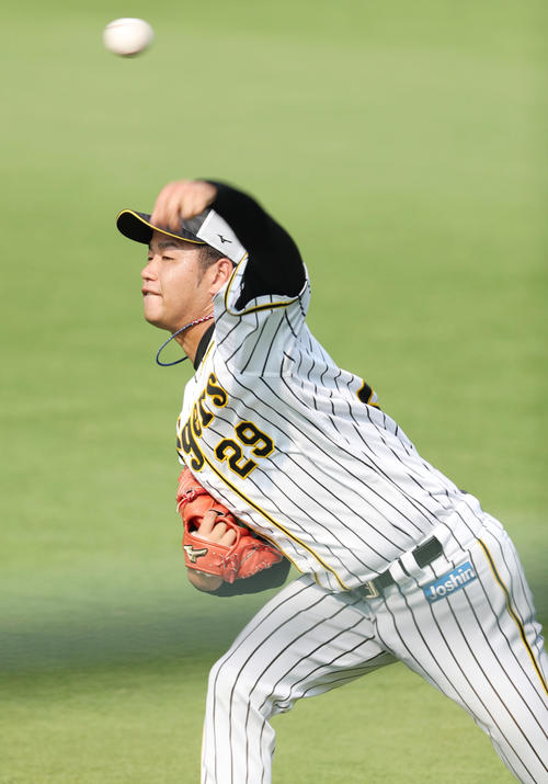 阪神対ヤクルト　試合前練習でキャッチボールを行う高橋遥（撮影・前田充）