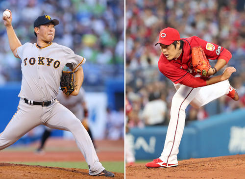 巨人山口俊(左)と広島九里亜蓮
