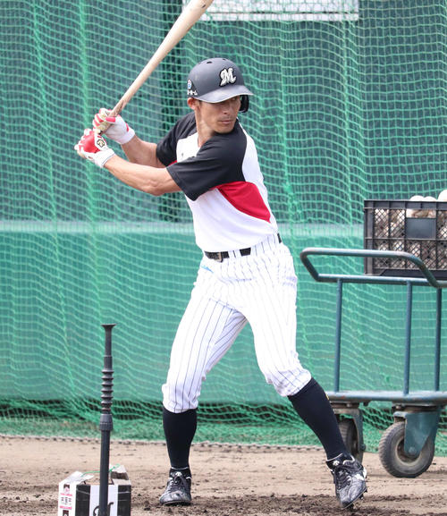 打撃練習中を行うロッテ荻野（撮影・久永壮真）